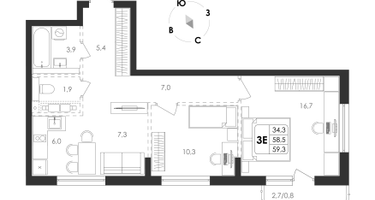3-к. квартира, 59 м²