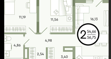 2-к. квартира, 56 м²