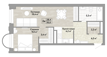 1-к. квартира, 50&nbsp;м²