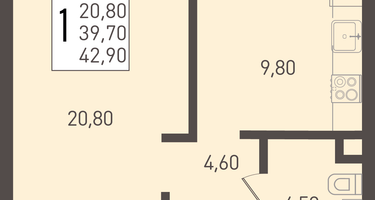 1-к. квартира, 42&nbsp;м²