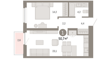 1-к. квартира, 50&nbsp;м²