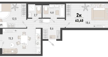 2-к. квартира, 62&nbsp;м²