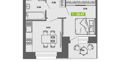 1-к. квартира, 28&nbsp;м²