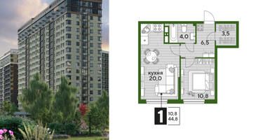 1-к. квартира, 44&nbsp;м²