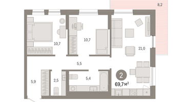 2-к. квартира, 69 м²
