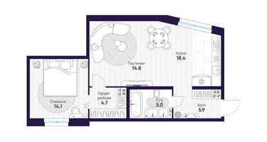 1-к. квартира, 62 м²