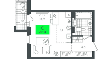 Студия, 32&nbsp;м²