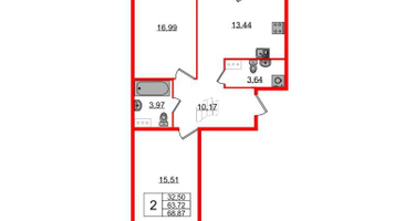 2-к. квартира, 68&nbsp;м²
