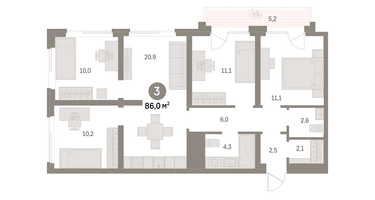 3-к. квартира, 86&nbsp;м²