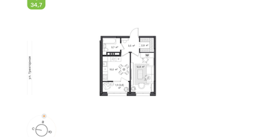 1-к. квартира, 34&nbsp;м²