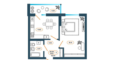 1-к. квартира, 43&nbsp;м²