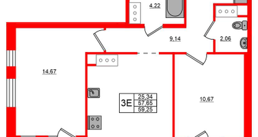 2-к. квартира, 59&nbsp;м²