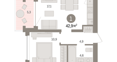 1-к. квартира, 42 м²
