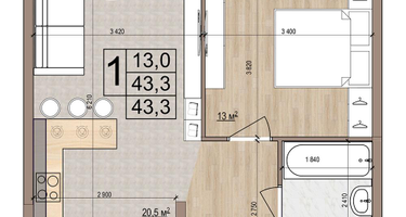 1-к. квартира, 43&nbsp;м²