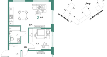 2-к. квартира, 66&nbsp;м²