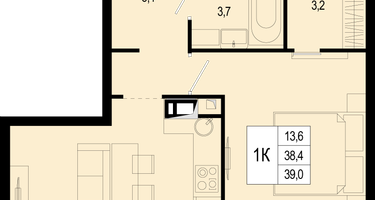 1-к. квартира, 38&nbsp;м²