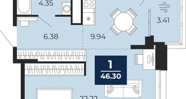 1-к. квартира, 42&nbsp;м²
