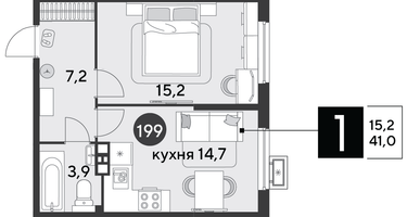 1-к. квартира, 41 м²