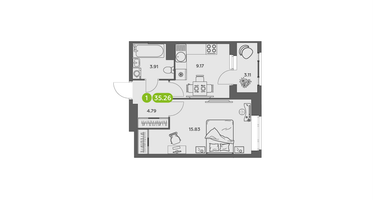 1-к. квартира, 35&nbsp;м²