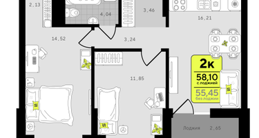 2-к. квартира, 58 м²