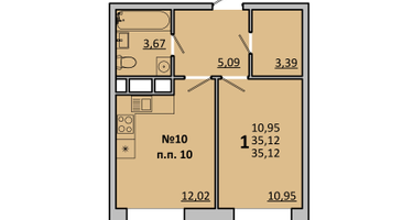 1-к. квартира, 35 м²