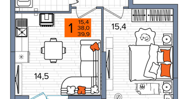 1-к. квартира, 39&nbsp;м²