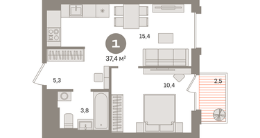 1-к. квартира, 37&nbsp;м²