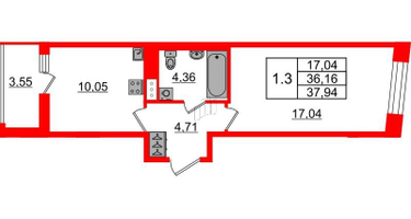 1-к. квартира, 36 м²