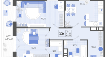 2-к. квартира, 63&nbsp;м²