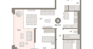2-к. квартира, 82&nbsp;м²