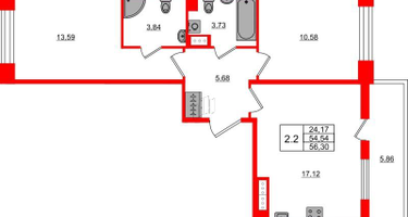 2-к. квартира, 54 м²