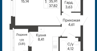 1-к. квартира, 37&nbsp;м²