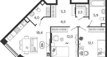 2-к. квартира, 66&nbsp;м²