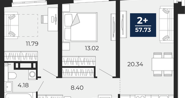 2-к. квартира, 57&nbsp;м²