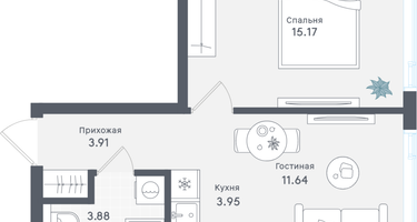 1-к. квартира, 38&nbsp;м²