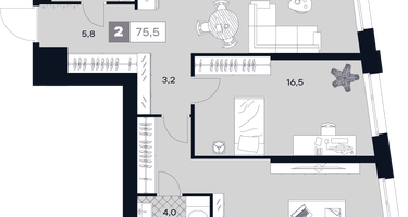 2-к. квартира, 75&nbsp;м²