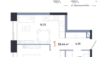 1-к. квартира, 38&nbsp;м²