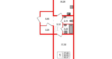 1-к. квартира, 54&nbsp;м²