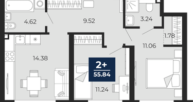2-к. квартира, 55&nbsp;м²