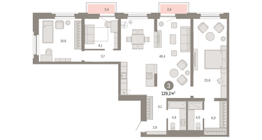 3-к. квартира, 129&nbsp;м²
