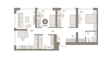 3-к. квартира, 75 м²
