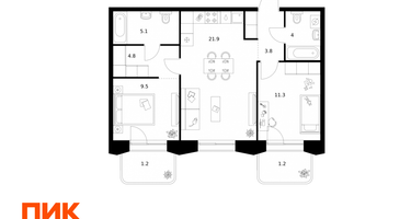 2-к. квартира, 62&nbsp;м²