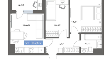 2-к. квартира, 57&nbsp;м²