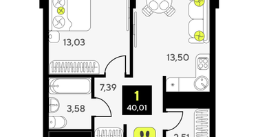 1-к. квартира, 40&nbsp;м²