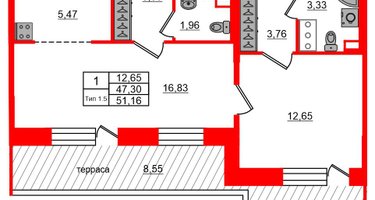 1-к. квартира, 47&nbsp;м²