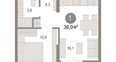 1-к. квартира, 36&nbsp;м²