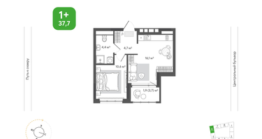1-к. квартира, 37&nbsp;м²