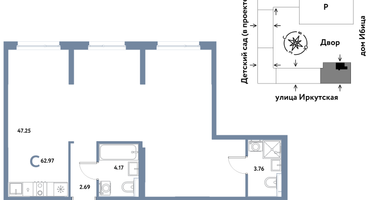 Студия, 62 м²