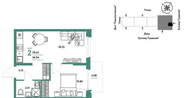 2-к. квартира, 39 м²