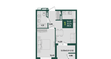 1-к. квартира, 38 м²